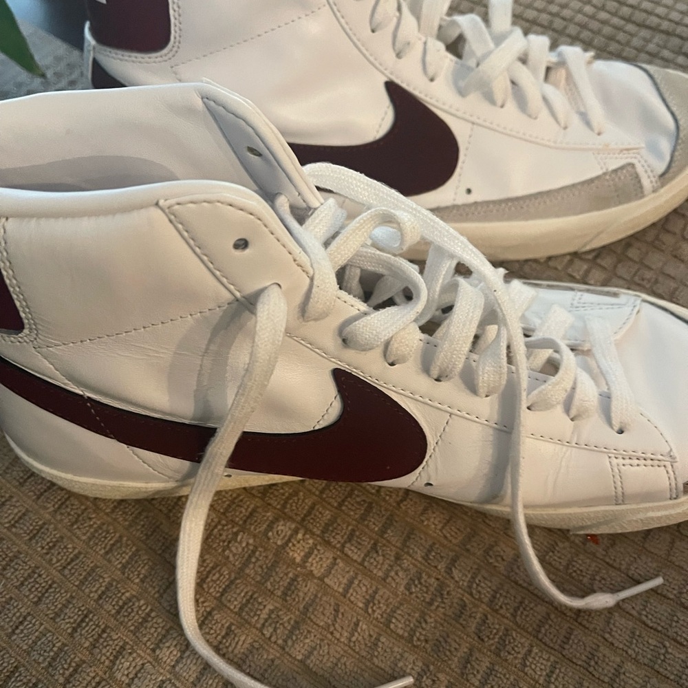 White and Maroon High-Top Sneakers